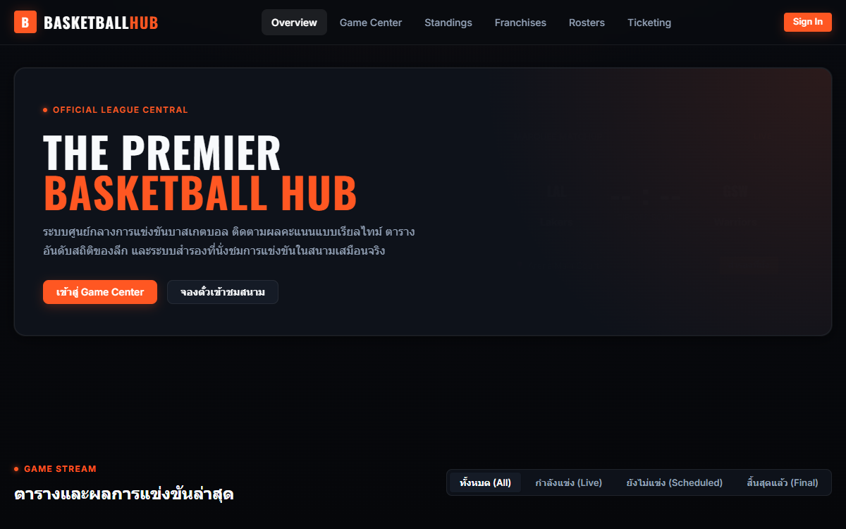 หน้าจอระบบ Basketball Hub